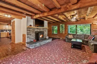Living room with pellet stove insert.