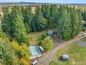 Aerial view of the home and property