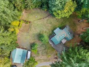 Aerial view of the home and property