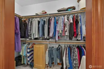 Walk-in closet in the primary suite.