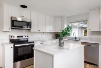 Beautiful modern kitchen with new soft-close cabinetry, quartz countertops, and SS appliances