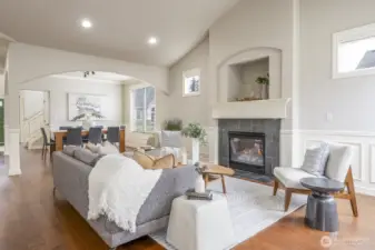 Open great room with adjacent dining room