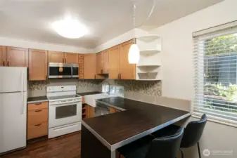 Cute kitchen with huge window to verdant backyard.