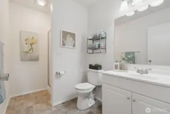 Lower level 3/4 bath - new toilet, paint, light fixture