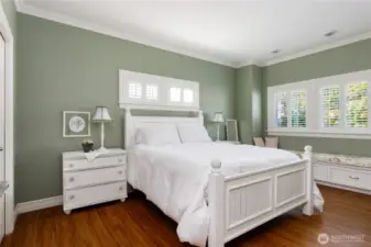 Primary suite.  Storage in the window seat.  Plantation blinds in all the bedrooms and upstairs