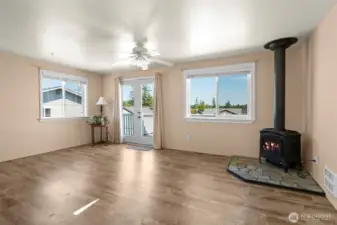 A view of the living area toward the NE. Free-standing stove will help keep the chill off in the winter months.