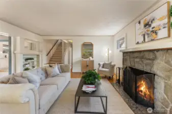 View of the wide stairs and built ins, from the living room