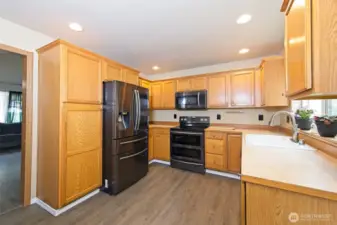 Kitchen with lots of cabinet space, stainless steel appliances, laminate flooring, and a walk-in pantry not pictured.