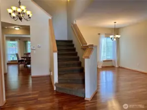 Foyer with access to the living room/dining room (right side) or family room/kitchen (left side).