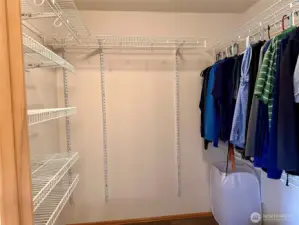 Master bedroom walk-in closet off the master bathroom.  Shelving system adjustable to your needs.