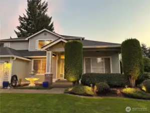 Exterior lighting highlights the water fountain, bushes and tree in the front yard
