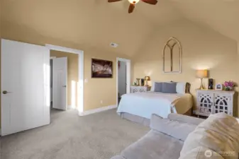 This fourth bedroom is so elegant with it's vaulted ceiling and ceiling fan! The large walk-in closet provides a lot of space, as well as a door into Narnia, er, a large storage space with many surprises in store for you. This room's window faces the back yard, vineyard, valley, and lake.