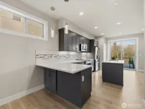 Peninsula supports eating space and counter height bar stools