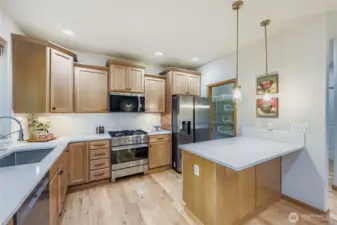 Kitchen features new quartz counters, AKDO tile splash, undercabinet lighting, undermount Kraus sink, new and newer appliances including Fisher and Paykel gas range, an eat-in peninsula, and huge walk-in pantry.