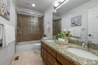 Here you will find an additional full bathroom upstairs! Double sinks & granite counter tops with plenty of storage in the vanity.