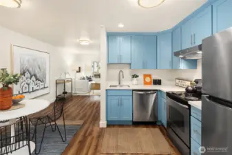 Newly painted cabinets give a modern, stylish look and countertop just replaced.