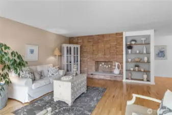 brick, wood burning fireplace