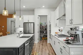 This view highlights the heart of the kitchen, featuring a gas 5-burner cooktop for serious cooking and a walk-in pantry straight ahead that keeps everything organized and within easy reach.