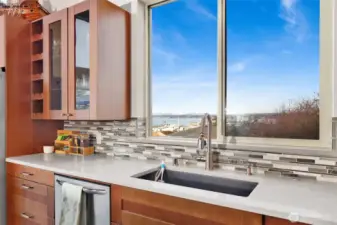 view of bay while washing dishes