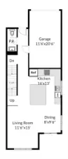 Main Floor - showing location of main entry, kitchen, living area, dining area, deck and powder room.