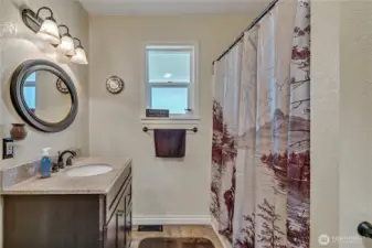 Main Level full bath, single vanity, quartz counters.