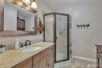 En-suite Bath features corner shower and access to a large walk-in closet.