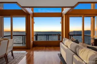 The living room offers sweeping views of Puget Sound and Elliott Bay.