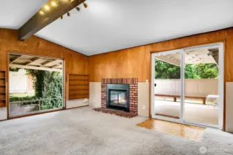 Familyroom with wood burning fireplace
