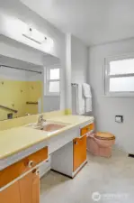 Full bath off hallway has a mid century vibe