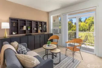 Built-ins in the living room provide character and extra storage.