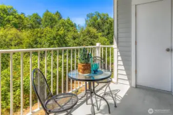 Private balcony with storage closet and views of the surrounding greenery.