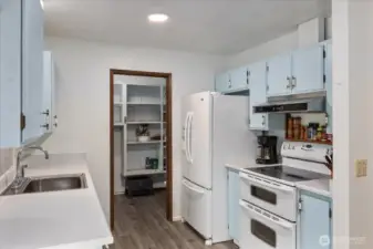 Kitchen features updated LVP flooring and a spacious walk-in pantry and utility room. All appliances stay.