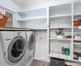 Spacious walk-in pantry and utility room with built-in shelving. Washer and dryer stay.
