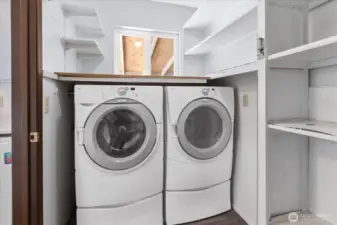 Spacious walk-in pantry and utility room with built-in shelving. Washer and dryer stay.