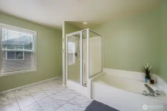 Large Primary Bathroom with shower and soaking tub