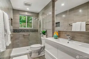 The main floor bathroom has been redesigned to maximize functionality and natural light.