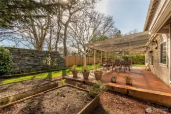 Raised beds, view of side yard.