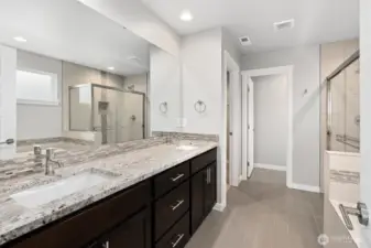 Primary 5 piece bath, granite vanity, tiled flooring & shower with separate enclosed toilet, and soaking tub!