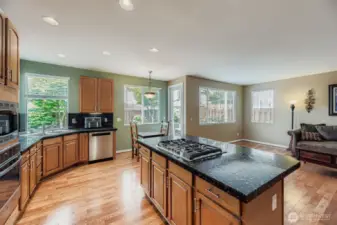 EFFICIENT KITCHEN WITH GAS APPLIANCES, ABUNDANT COUTER SPACE AND STORAGE.