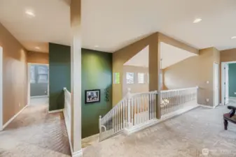 LOVELY STAIR ACCESS UPSTAIRS LEADS STRAIGHT TO THE 2ND FAMILY ROOM.  BEDROOMS 2, 3, & 4 TO ONE SIDE, PRIVATE SKY-BRIDGE TO PRIMARY BEDRM ON THE OTHER SIDE.