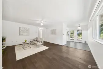View from entrance.  Home features engineered hardwood