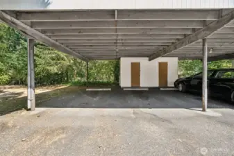 Covered 2 car carport with additional outdoor storage directly in front of unit.