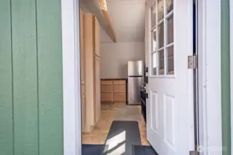 Entering the cabin.