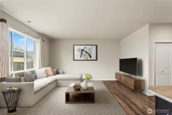 **Digitally staged ** Huge living room with big windows allowing plenty of light