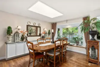 Formal dining room with built in sideboard topped with marble countertop