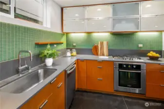 Gorgeous Ann Sacks tiles and stainless appliances