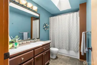 Upstairs main bath with great colors and skylight.