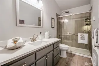 Remodeled primary bath  had top-to-bottom remodel. ringk vnanity