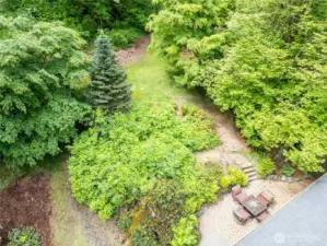Aerial view of Baek patio and upper lawn area