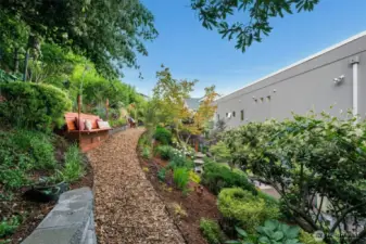 Walking path to upper built-in seating areas